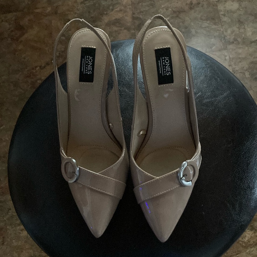 Taupe sling back heels.